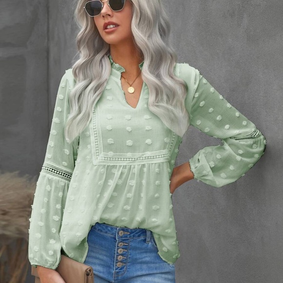 boho v neck swiss dot lace detail blouse Sage - Picture 3 of 10